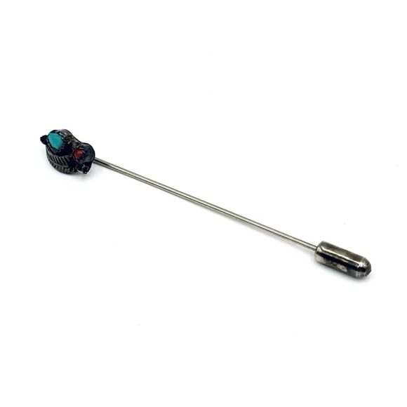 Vintage Sterling Silver Leaf with Turquoise & Coral Accent Stick Pin - Picture 1 of 5